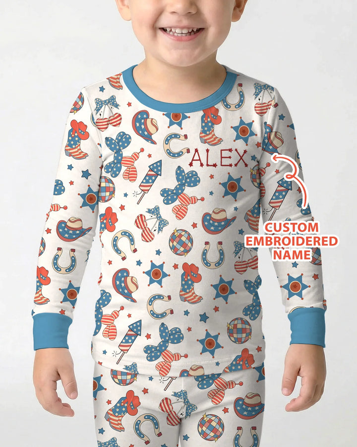 Custom Name Embroidered Howdy 4th Of July Bamboo Two Piece Long Sleeve Pajama Set