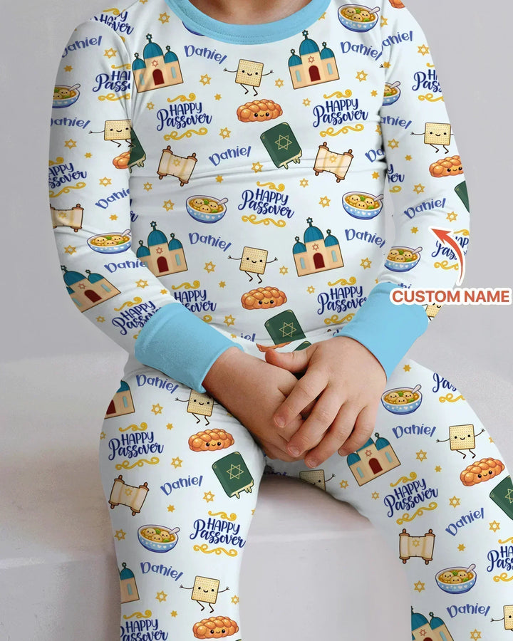 Custom name "Pesach Sameach" Bamboo Two Piece Long Sleeve Pajama Set