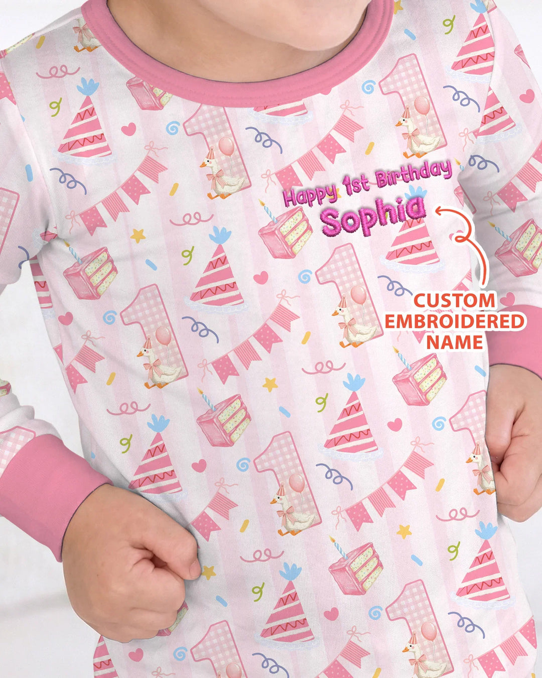 1st Birthday Girl Embroidered Baby Bamboo Two Piece Long Sleeve Pajama Set