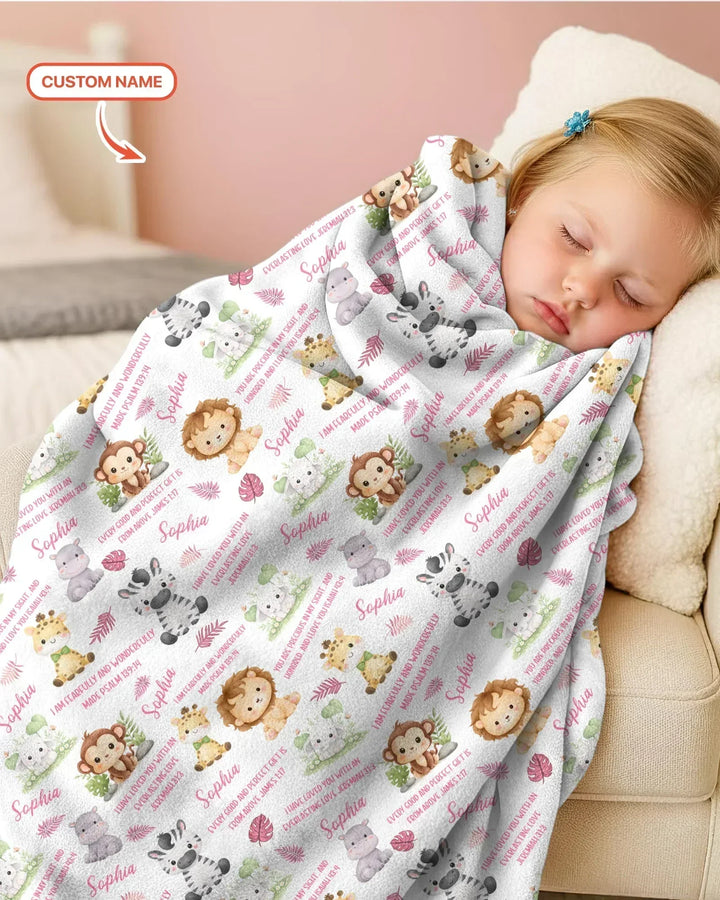 Custom Name Bible Verse Safari Animal Bamboo Blanket