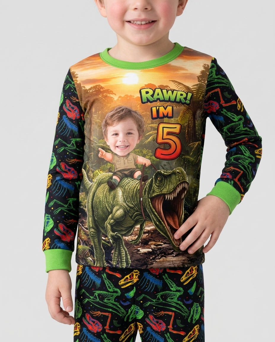 Custom Photo Dino Rawr Birthday Bamboo Two Piece Long Sleeve Pajama Set