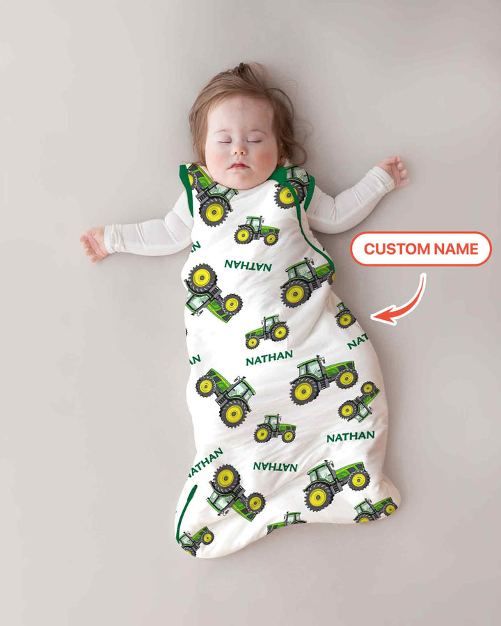 Custom Name Green Tractors Matching Daddy & Me  Bamboo Sleep Bag