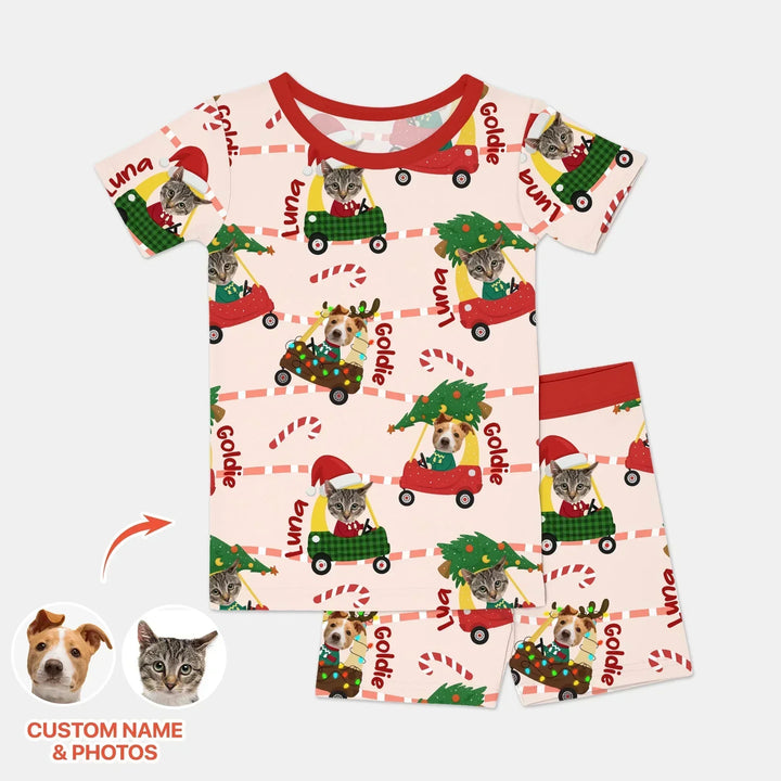 Custom Pet Photo Christmas Tikes Car Bamboo Two Piece Short Sleeve Shorts Pajama Set
