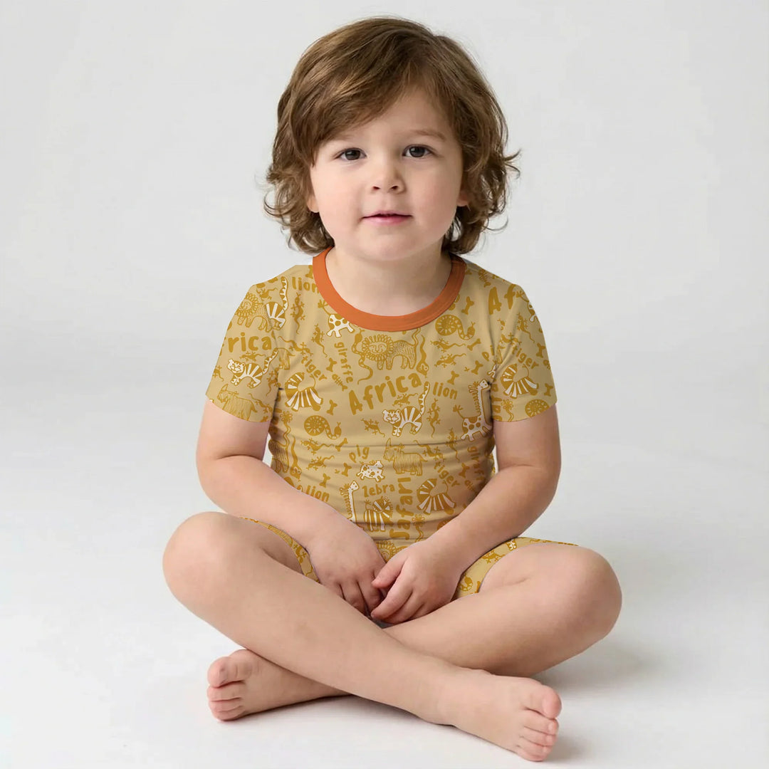 Handdrawn African Animals Bamboo Two Piece Short Sleeve Shorts Pajama Set