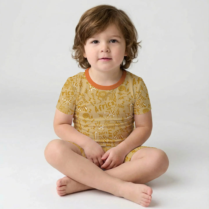 Handdrawn African Animals Bamboo Two Piece Short Sleeve Shorts Pajama Set