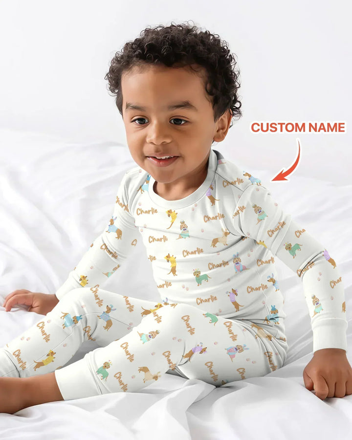 Custom Name Easter Dachshund Bamboo Two Piece Long Sleeve Pajama Set