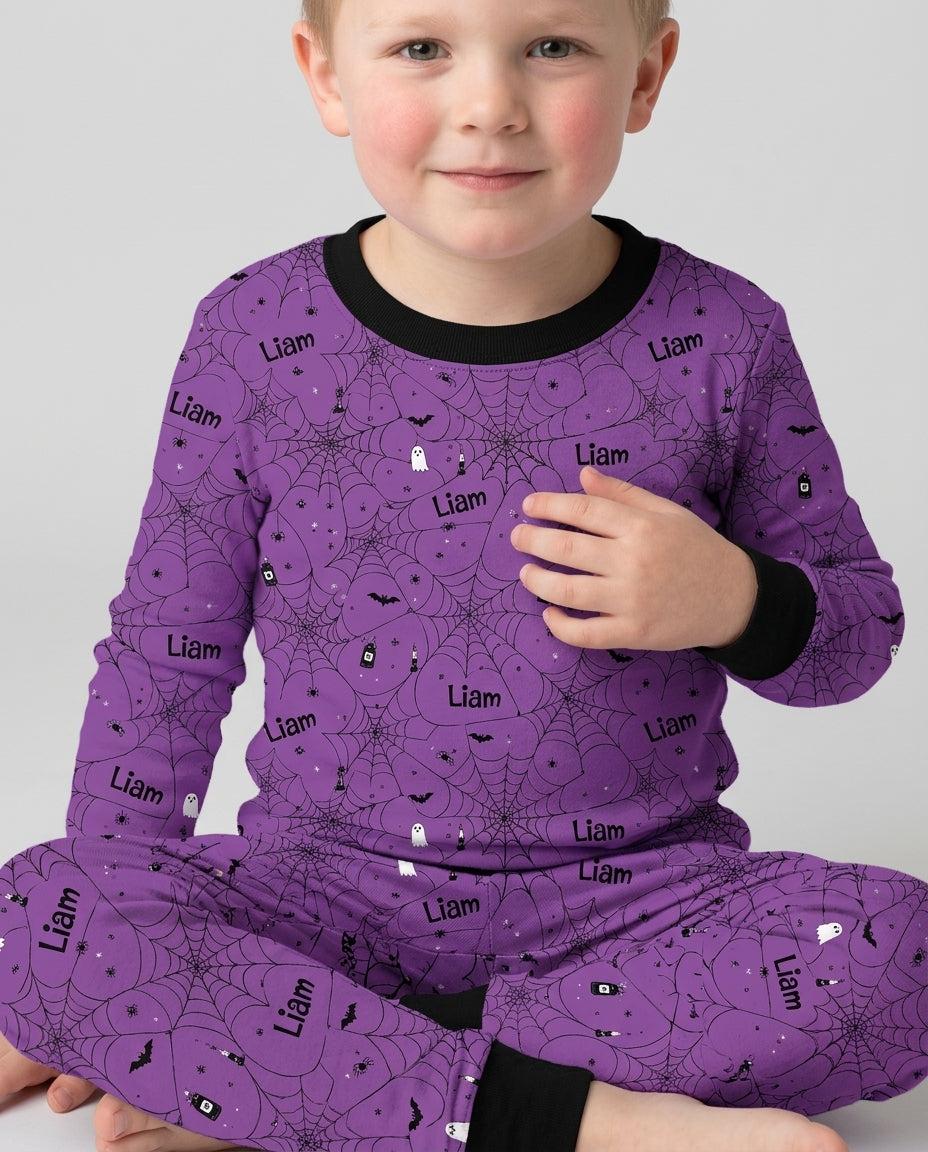 Spooky Spider Web Halloween Custom Name Bamboo Two Piece Long Sleeve Pajama Set