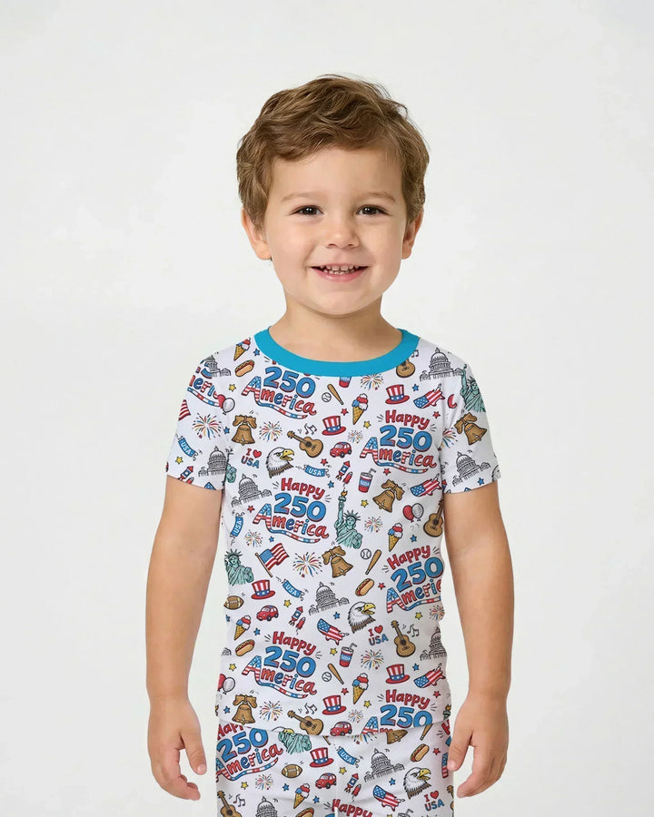 Happy 250 America I love USA Bamboo Two Piece Short Sleeve Pajama Set
