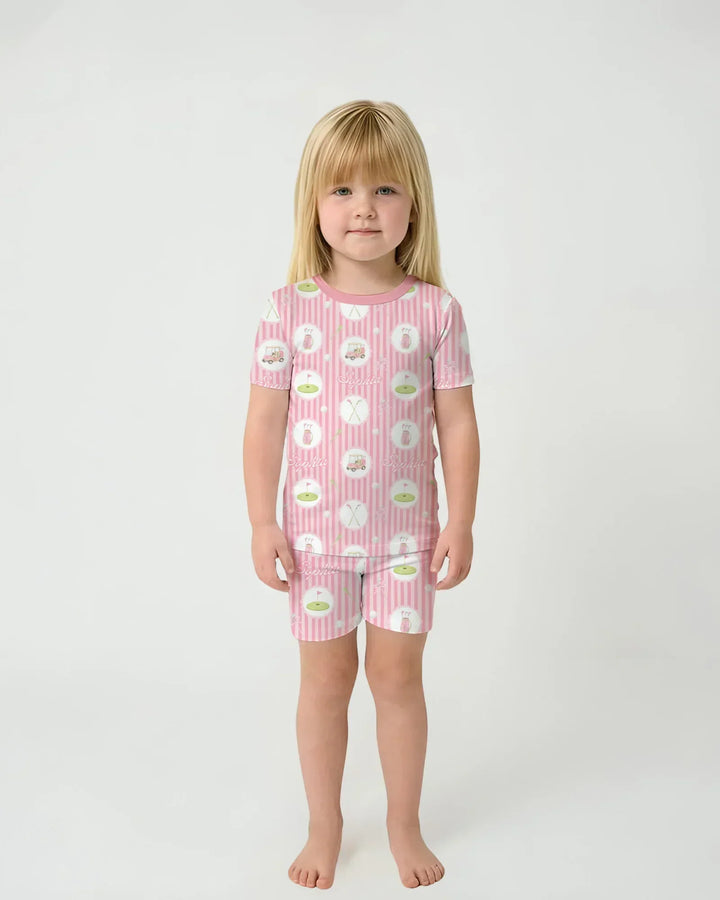 Custom Name Pink Golf Girl Bamboo Two Piece Short Sleeve Shorts Pajama Set