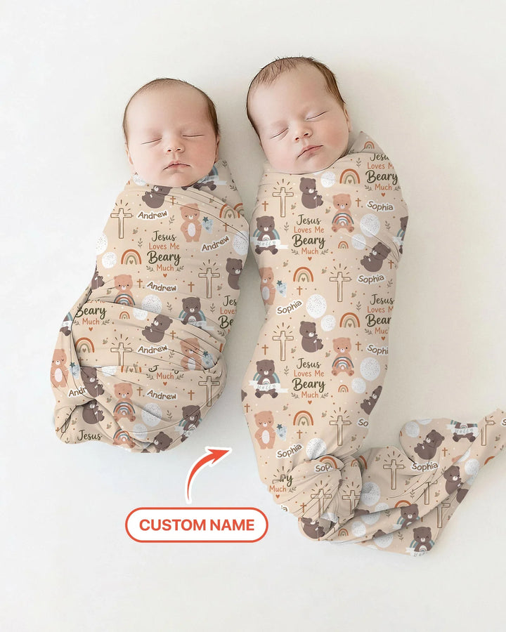 Custom Name Jesus Loves Me Beary Much Swaddle Blanket