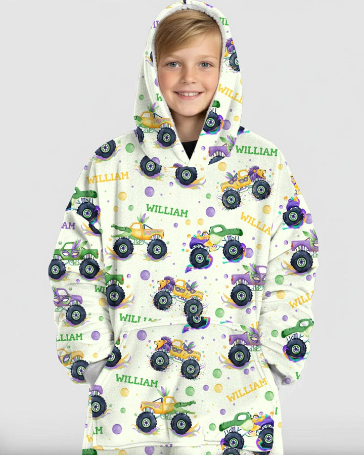 Custom Name Mardi Gras Monster Trucks Bamboo Blanket Hoodie