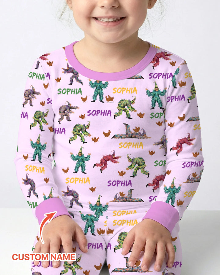 Custom Name Mardi Gras Chicken Chase Family Matching Bamboo Two Piece Long Sleeve Pajama Set