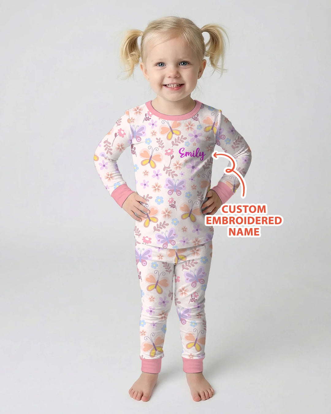 Custom Embroidered Name Butterfly Bamboo Two Piece Long Sleeve Pajama Set