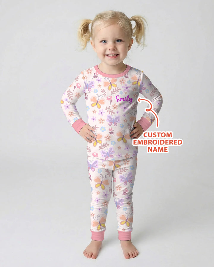 Custom Embroidered Name Butterfly Bamboo Two Piece Long Sleeve Pajama Set