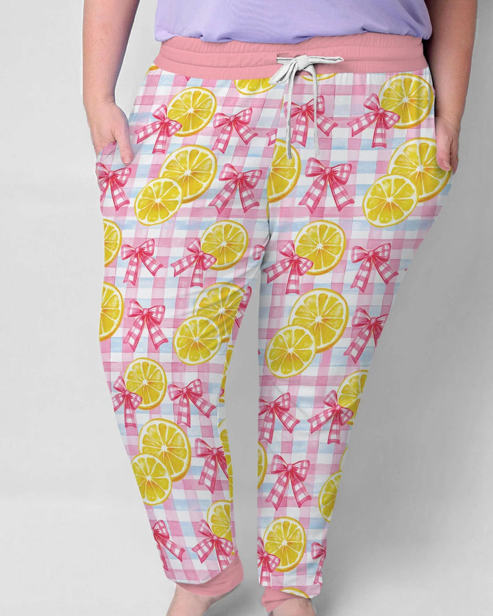 Pink Lemons Bows Checkered Bamboo Women Pajama Set