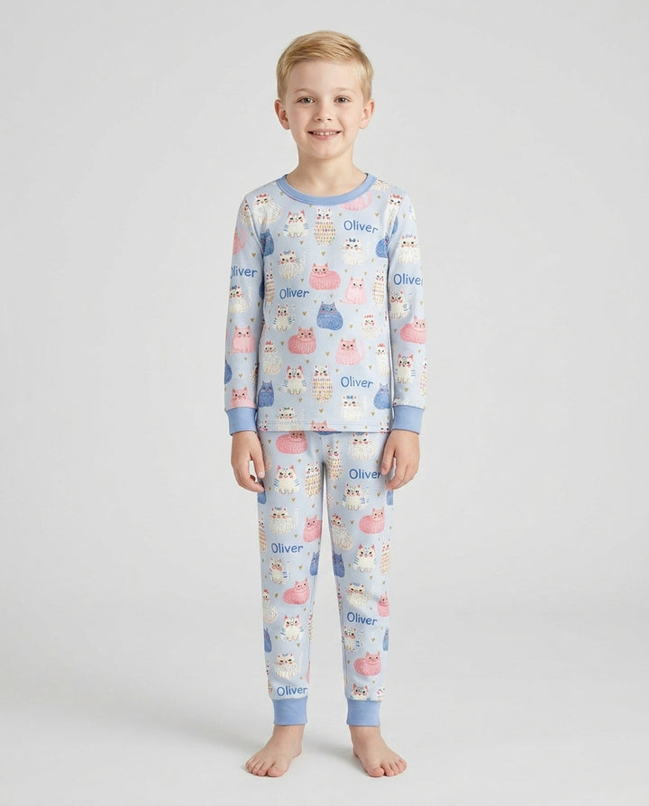 Custom Name Cute Pastel Cat Bamboo Two Piece Long Sleeve Pajama Set