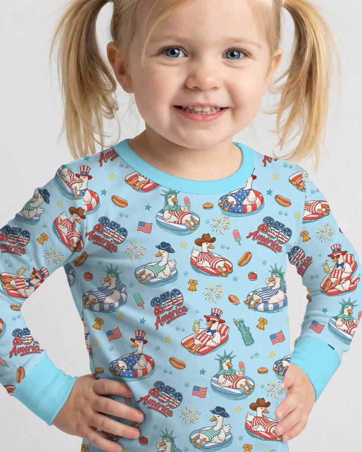 250 America Patriotic Goose Family Matching Bamboo Two Piece Long Sleeve Pajama Set
