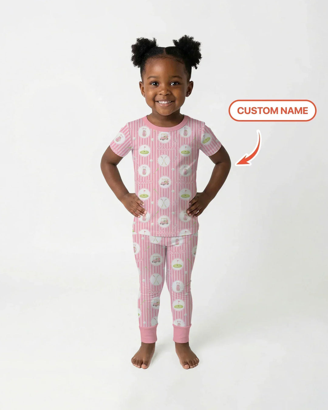 Custom Name Pink Golf Girl Bamboo Two Piece Short Sleeve Pajama Set