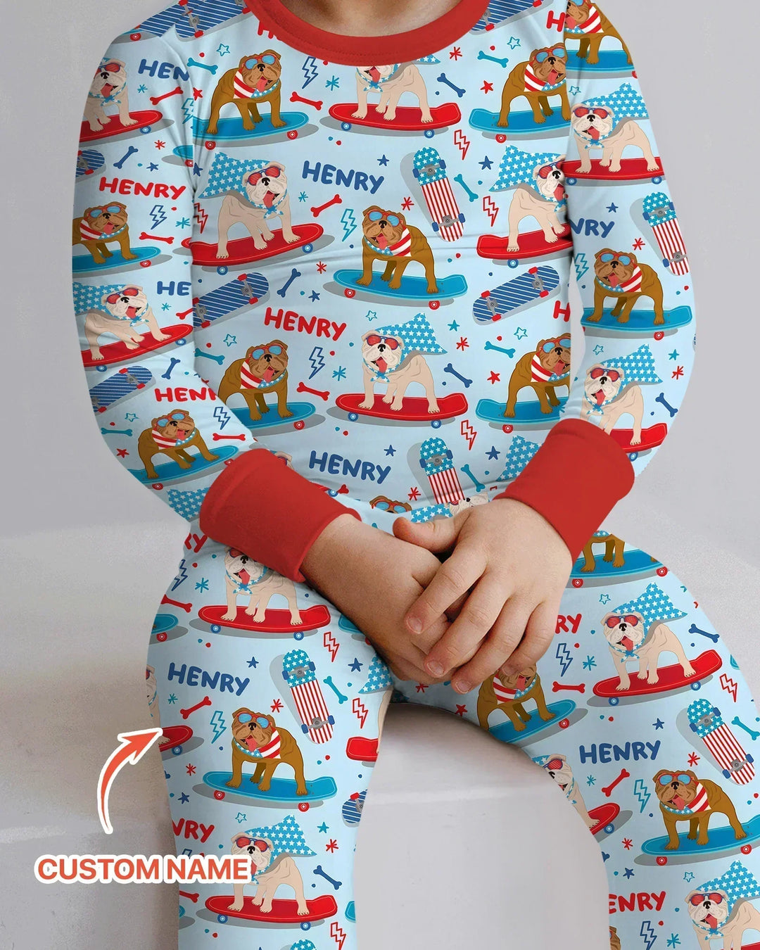 Personalized Patriotic Skate Pups Family Matching Bamboo Two Piece Long Sleeve Pajama Set