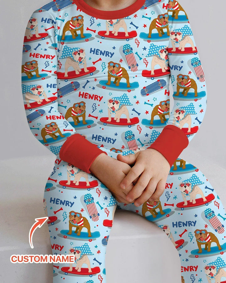 Personalized Patriotic Skate Pups Family Matching Bamboo Two Piece Long Sleeve Pajama Set