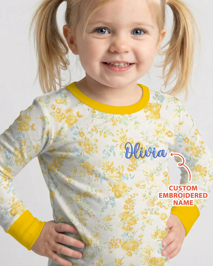 Custom Name Embroidered Floral Bamboo Two Piece Long Sleeve Pajama Set