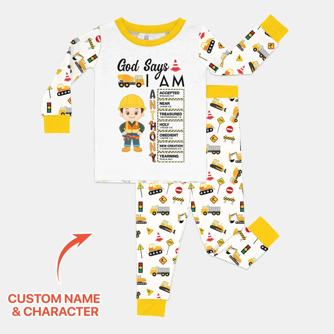 Custom Name God Says I Am Little Builder Letter in Bible Bamboo Two Piece Long Sleeve Pajama Set