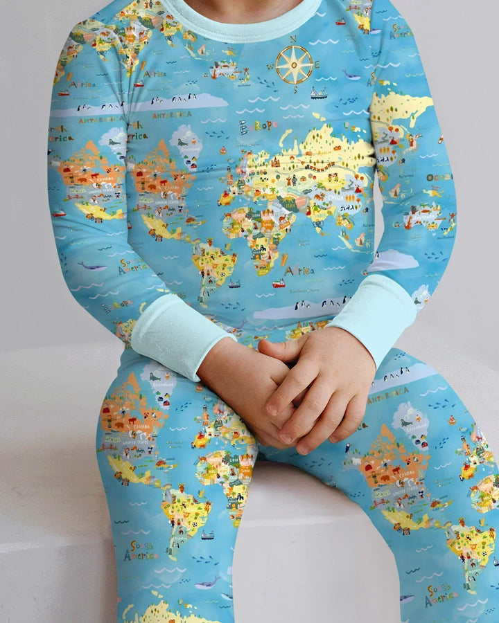 Whimsical World Map Family Matching Bamboo Two Piece Long Sleeve Pajama Set