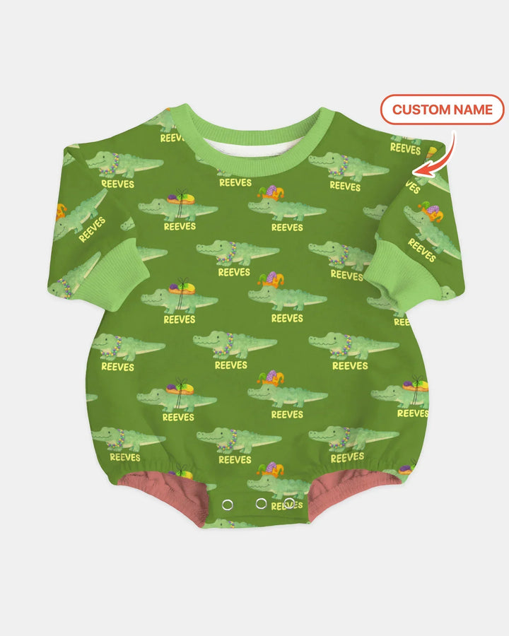 Custom Name Mardi Gras Gator Bamboo Bubble Romper