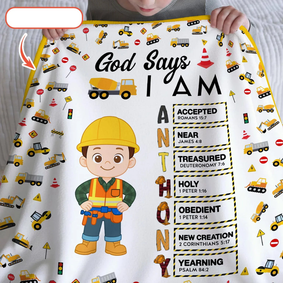 Custom Name God Says I Am Little Builder Letter in Bible Bamboo Blanket