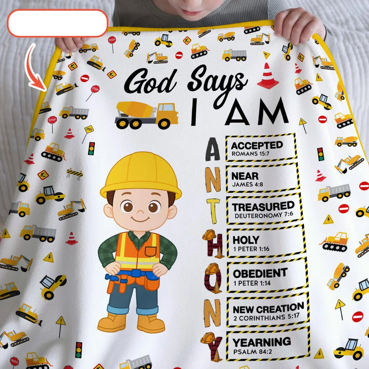 Custom Name God Says I Am Little Builder Letter in Bible Bamboo Blanket