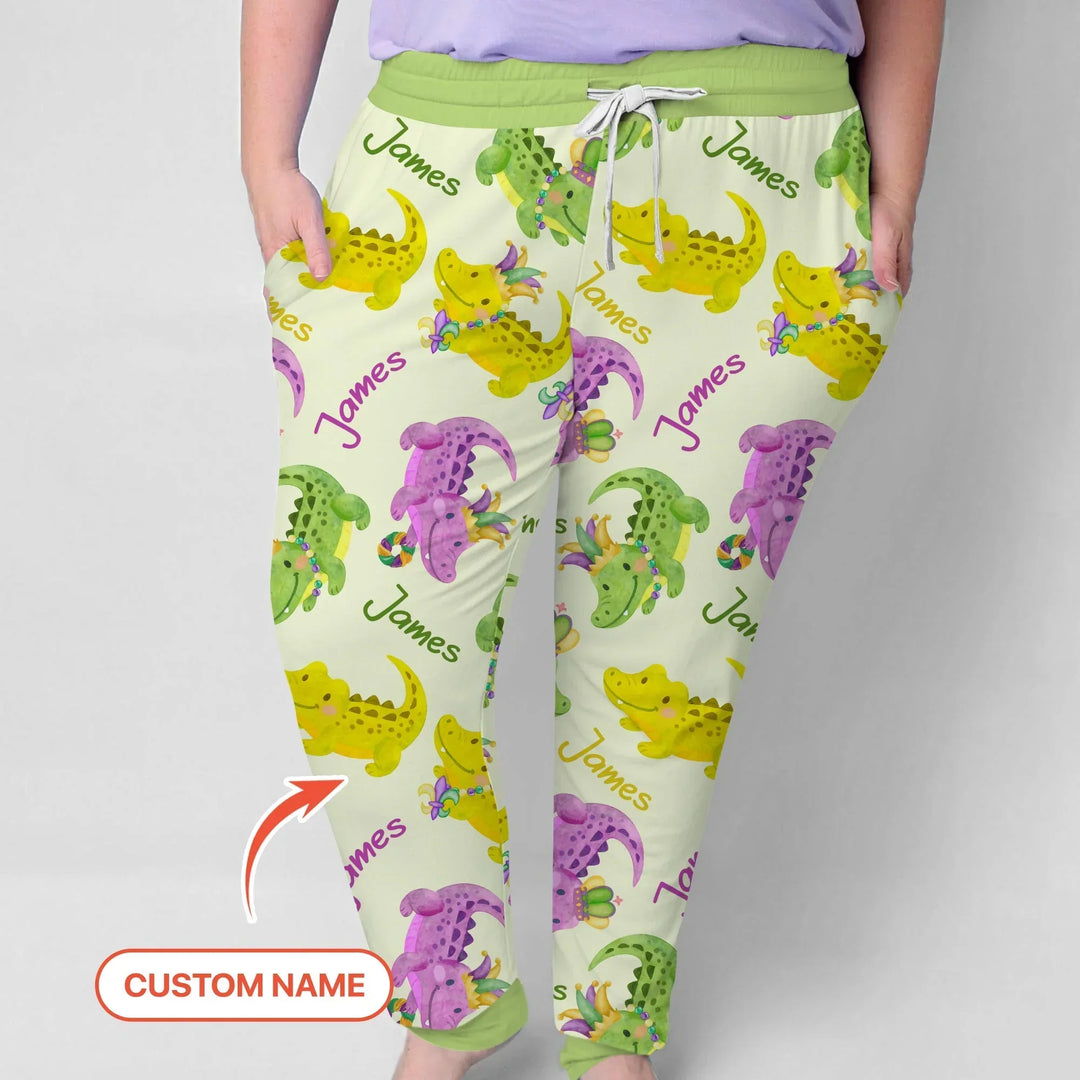Custom Name Mardi Gras Alligator Bamboo Women Pajama Set