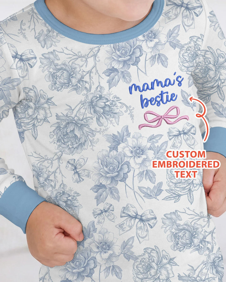 Custom Embroidered Mommy and Me Toile Matching Bamboo Two Piece Long Sleeve Pajama Set
