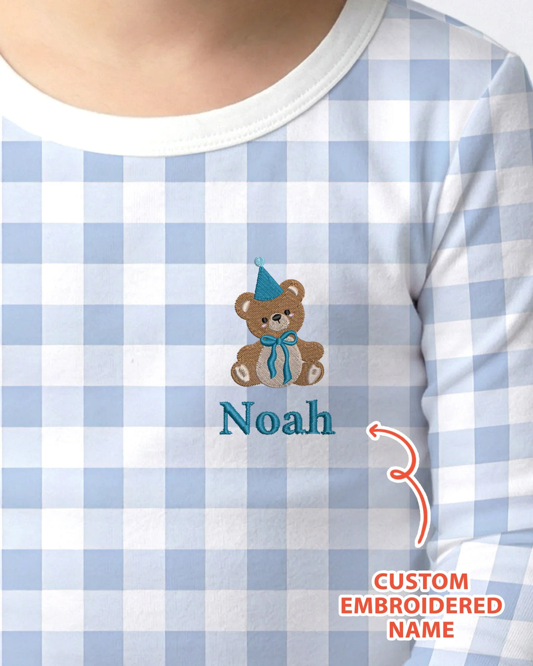 Custom Embroidered Name Birthday Teddy Bamboo Two Piece Long Sleeve Pajama Set