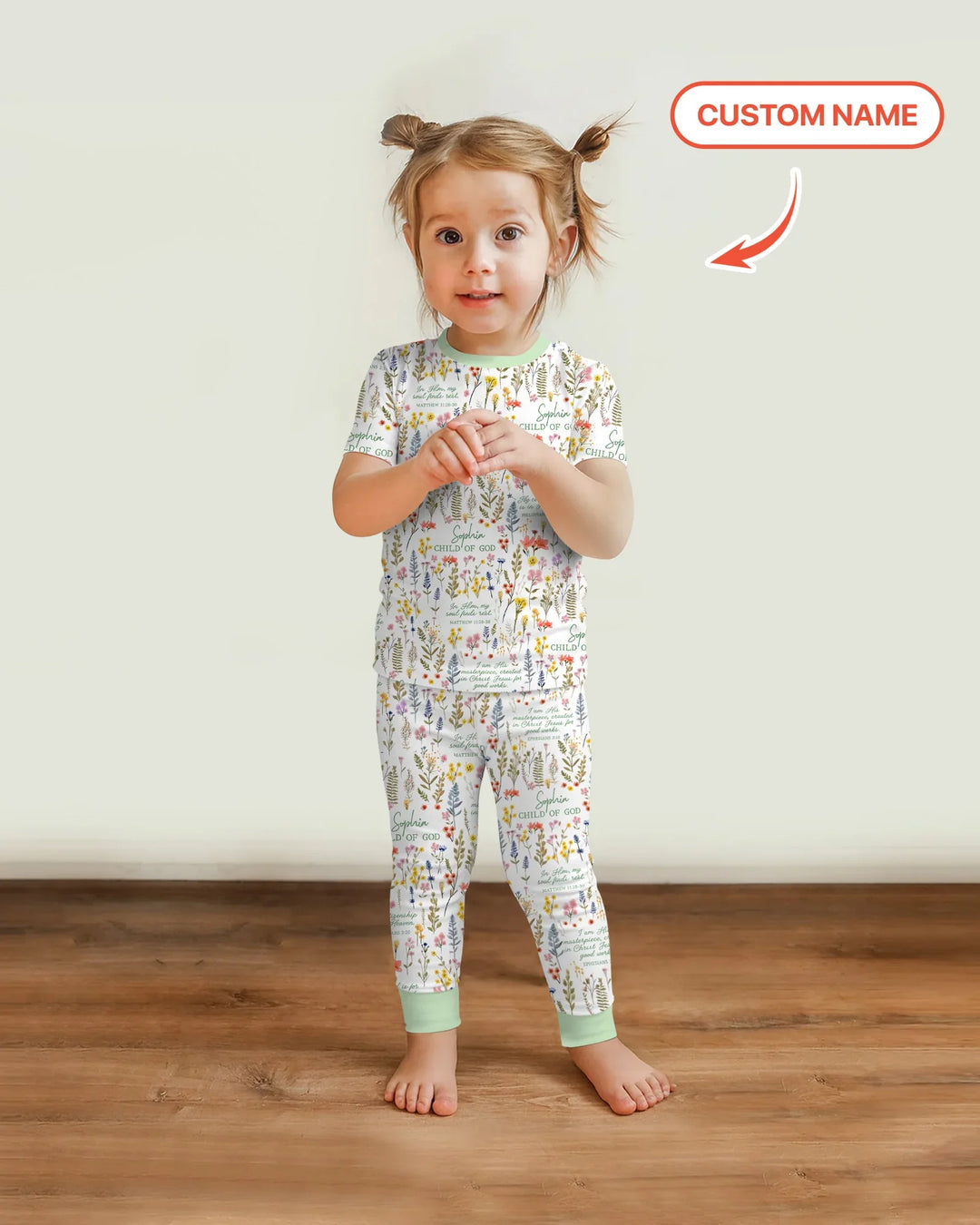Custom Name Child of God Flower Garden Bamboo Two Piece Short Sleeve Pajama Set