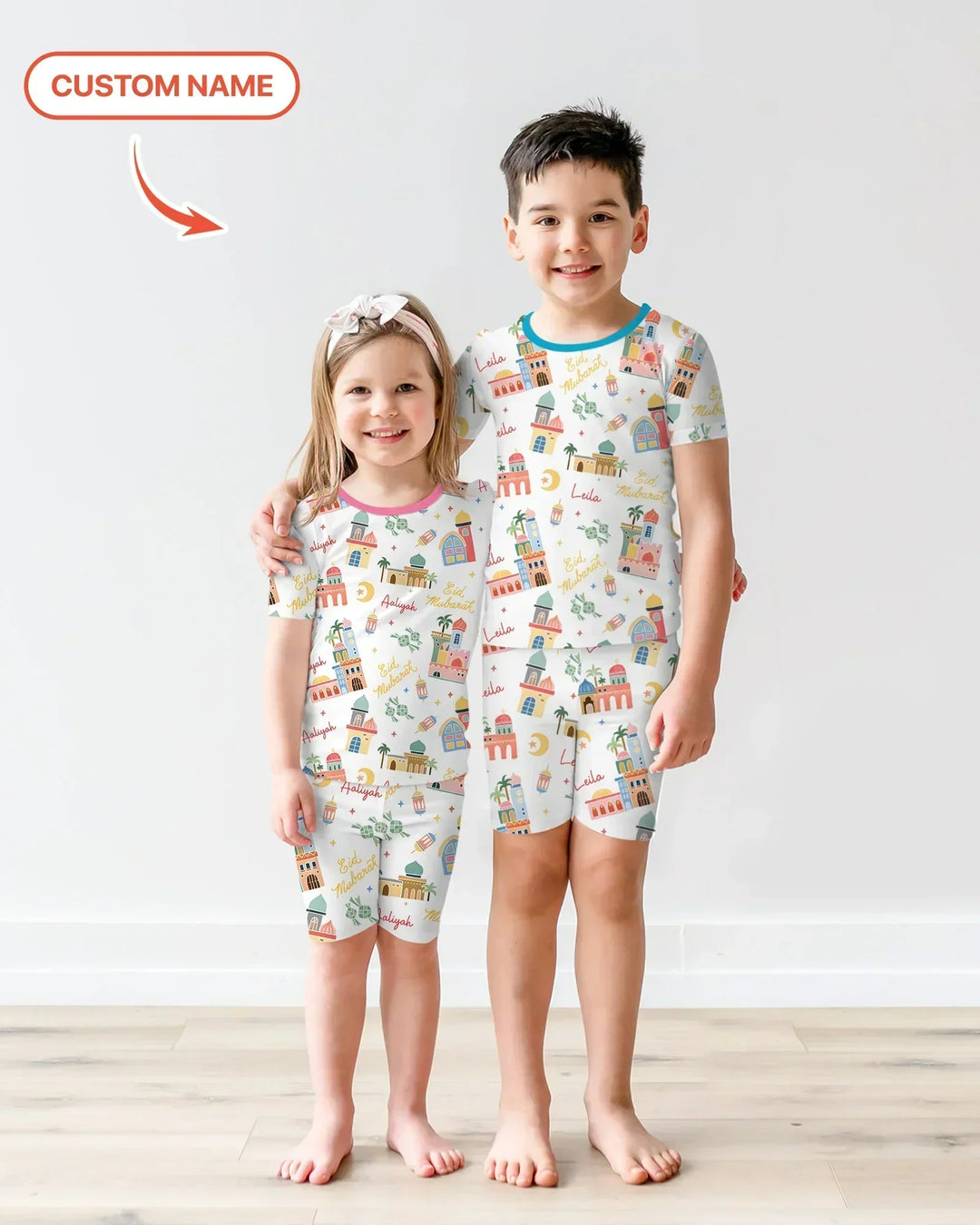 Eid Mubarak Custom Name Bamboo Two Piece Short Sleeve Shorts Pajama Set