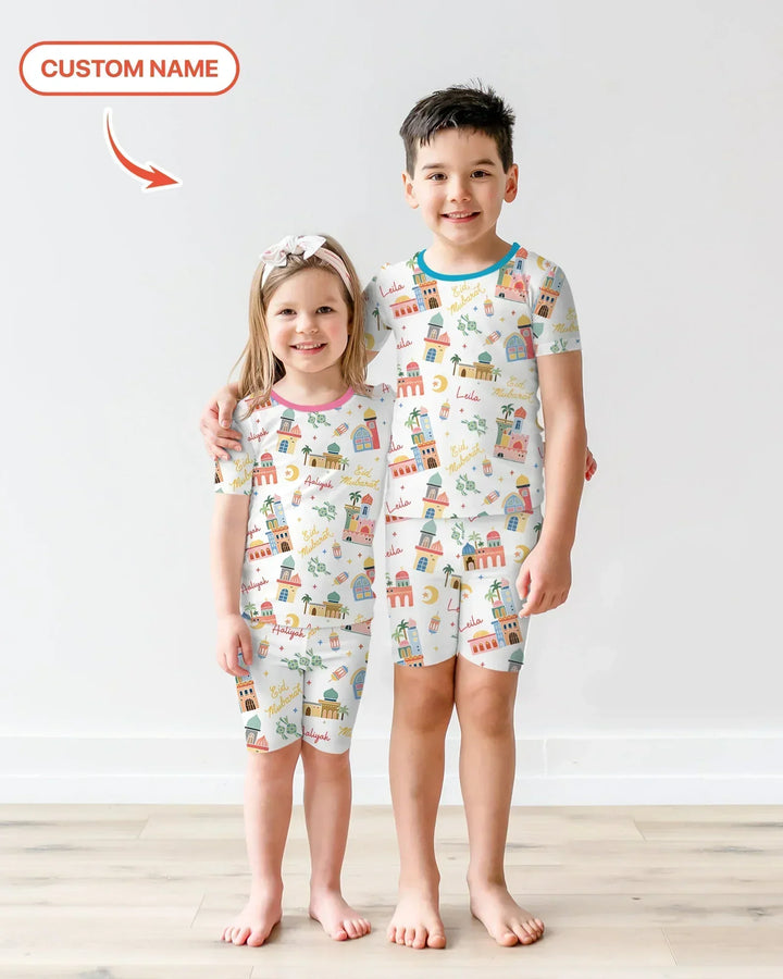 Eid Mubarak Custom Name Bamboo Two Piece Short Sleeve Shorts Pajama Set
