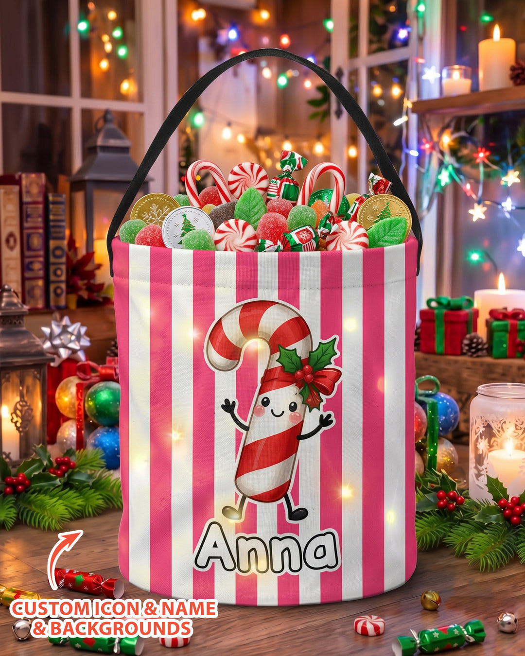 Persnalized Christmas Striped Festive Holiday Characters Led Light Bucket Bag