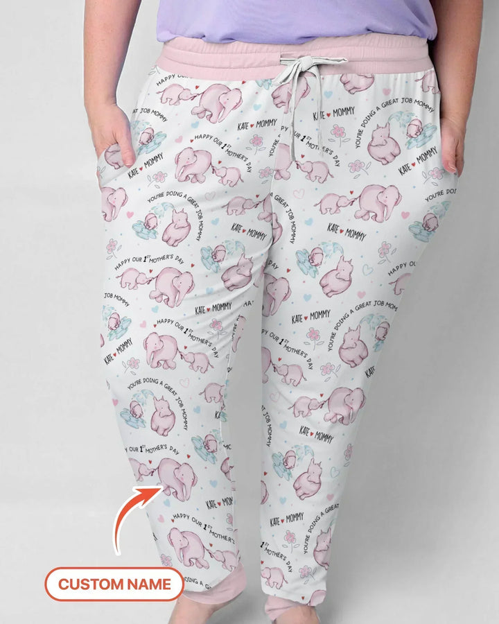 Custom Name Mother & Baby Elephant Bamboo Women Pajama Set