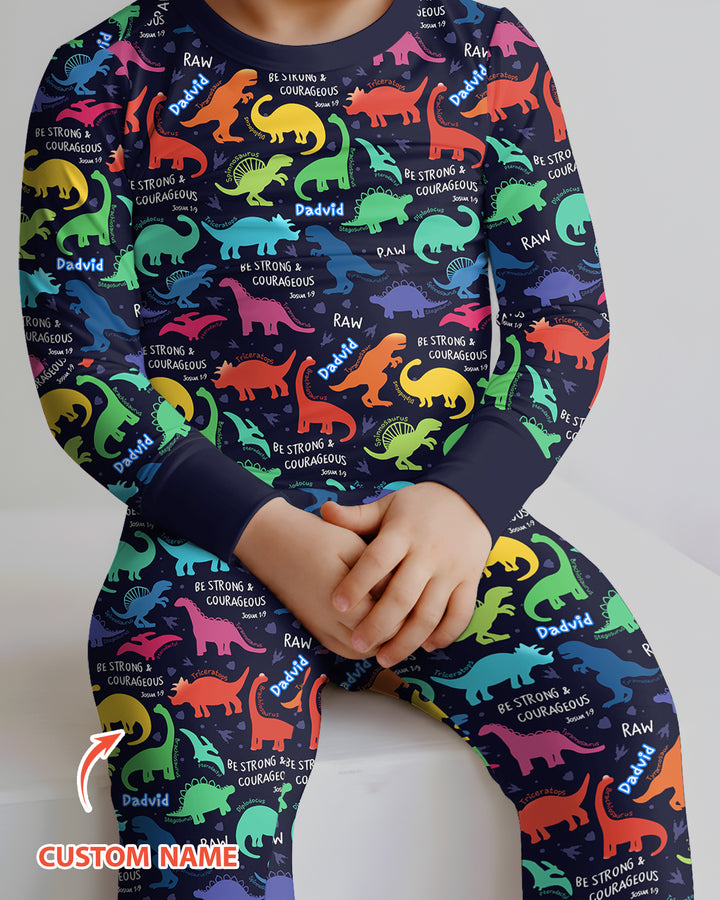 Be Strong and Courageous Dinosaur Christian Bamboo Two Piece Long Sleeve Pajama Set