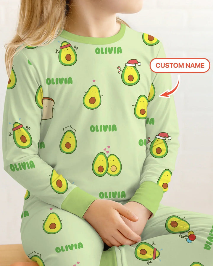 Custom Name Cute Avocado Bamboo Two Piece Long Sleeve Pajama Set