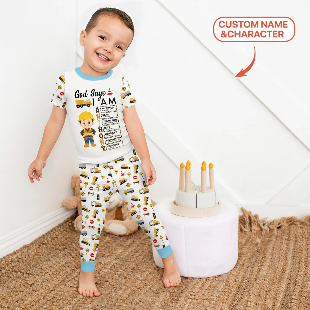 Custom Name God Says I Am Little Builder Letter in Bible Bamboo Two Piece Short Sleeve Pajama Set
