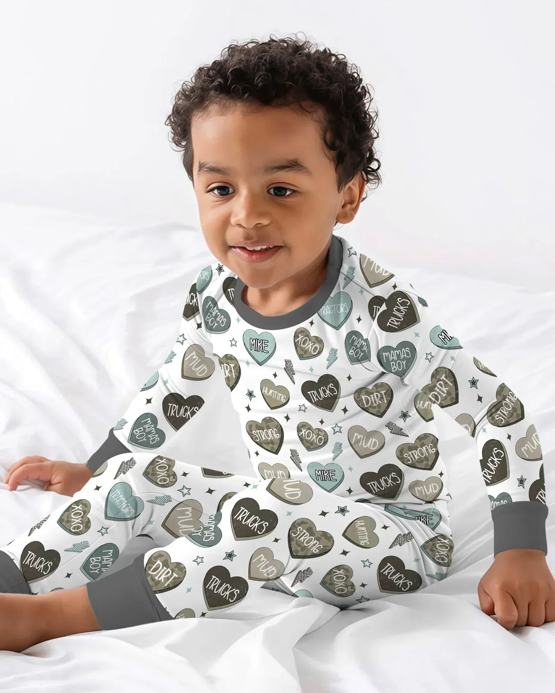 Personalized Camo Candy Hearts Bamboo Two Piece Long Sleeve Pajama Set