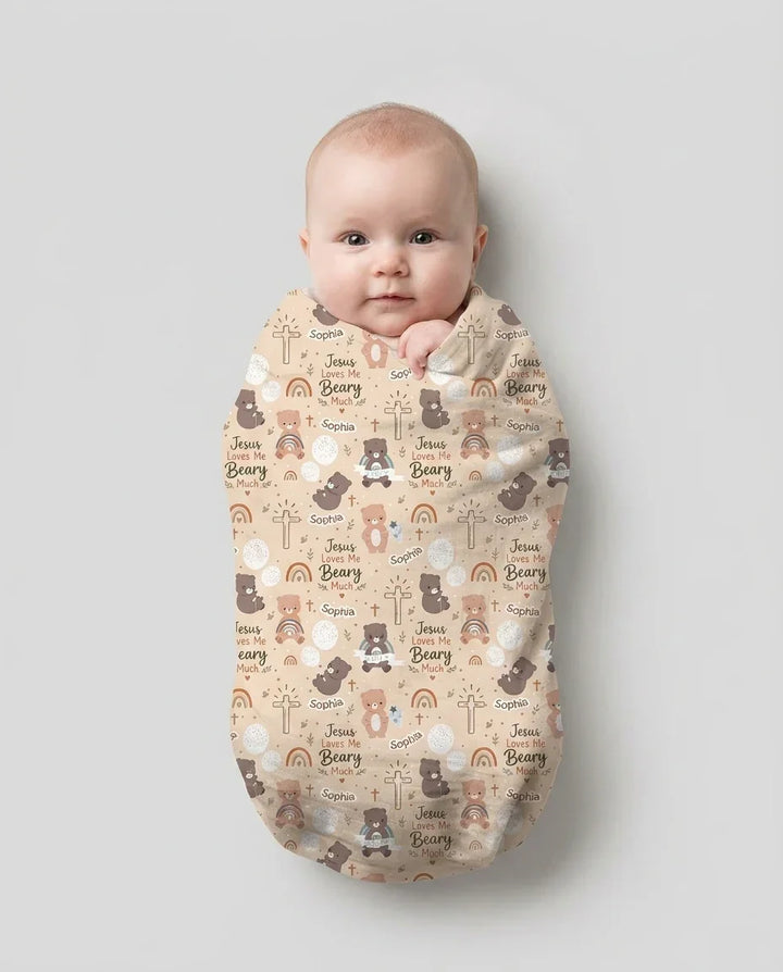 Custom Name Jesus Loves Me Beary Much Swaddle Blanket