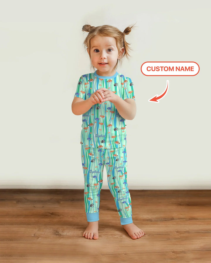 Custom Name Summer Beach Bamboo Two Piece Short Sleeve Pajama Set
