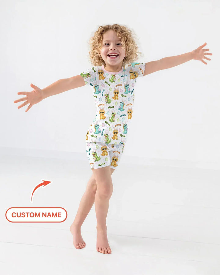 Custom Name Dinosaur on the Hunt Bamboo Two Piece Short Sleeve Shorts Pajama Set