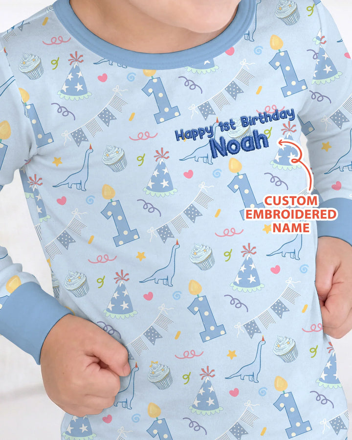 Personalized 1st Birthday Boy Embroidered Baby Bamboo Two Piece Long Sleeve Pajama Set