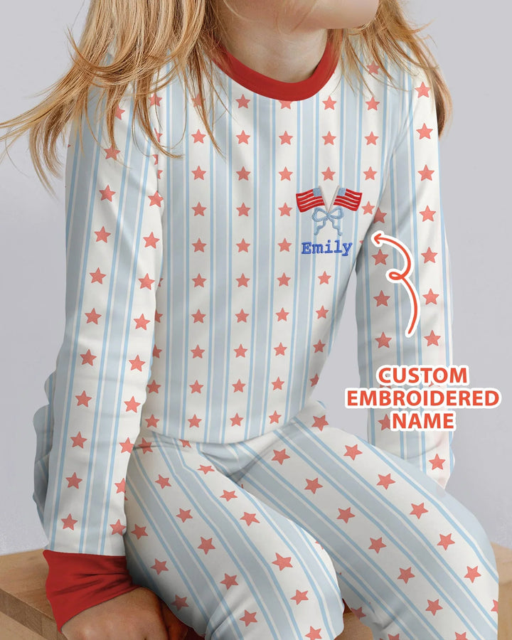 Custom Name Embroidered First 4th Of July Baby Bamboo Two Piece Long Sleeve Pajama Set