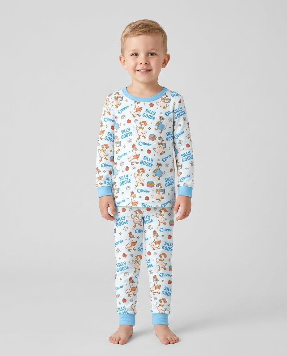 Custom Name Silly Goose Back to School Bamboo Two Piece Long Sleeve Pajama Set
