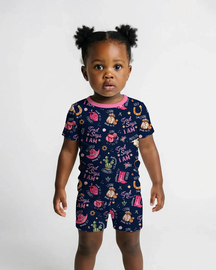 God Says I Am Western Faith Bamboo Two Piece Short Sleeve Shorts Pajama Set