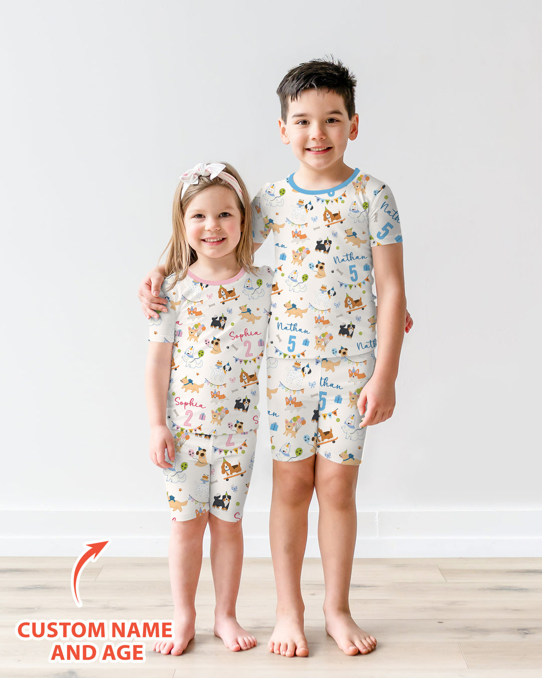 Custom Name Birthday Dogs Party Bamboo Two Piece Short Sleeve Shorts Pajama Set